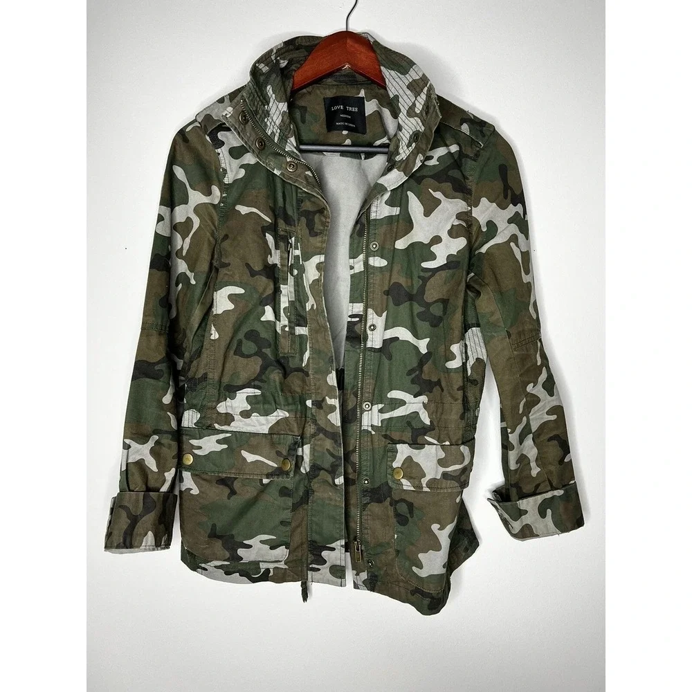 Love Tree Utility Jacket Womens Medium Green Camo Military Safari Cargo Rugged